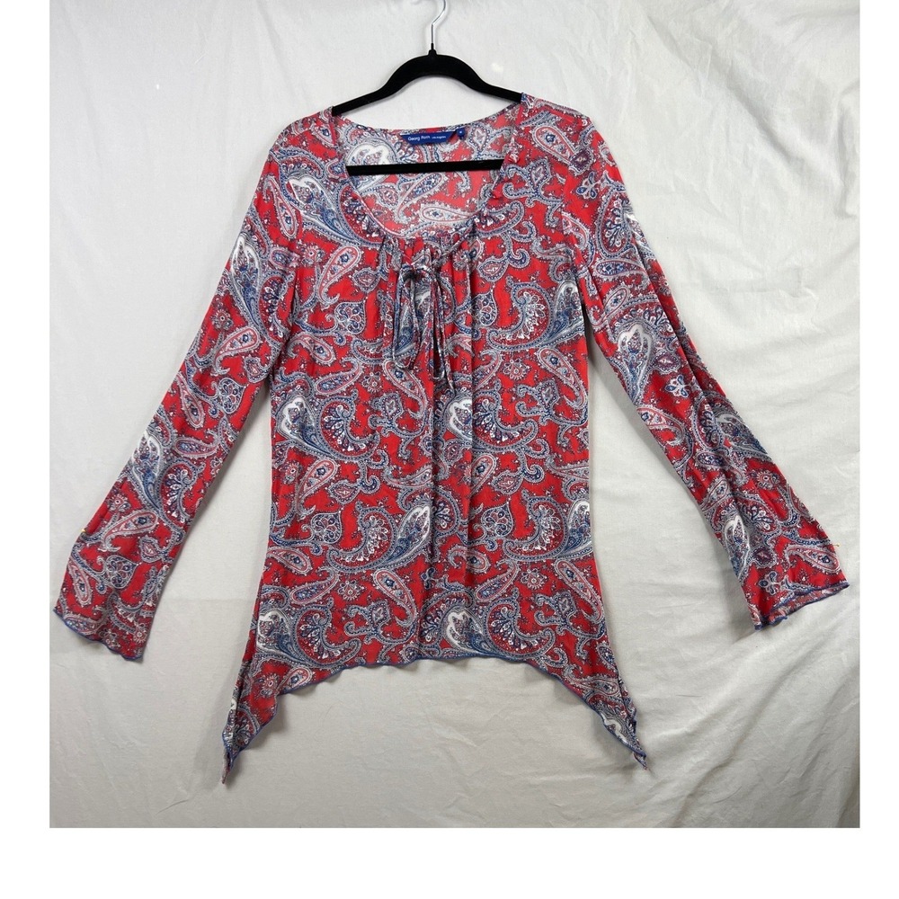 Georg Roth Tunic Top Womens Small Red Paisley Long Sleeve High Low Tie Neck